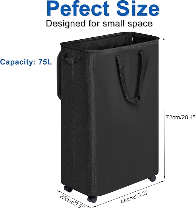 Slim Laundry Hamper with Lid and Wheels, Small Rolling Laundry Basket with Handle for Small Spaces, Tall Dirty Clothes Hampers for Dorm, Bathroom and Bedroom, 75L Black