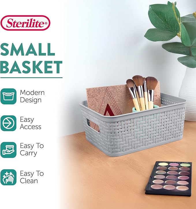 Sterilite 8 Pack Plastic Storage Bin Organization Containers, Small Baskets, Cement