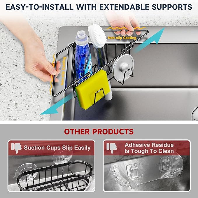 NiHome Extendable Arm Stainless Steel Kitchen Sink Corner Caddy, Easy Install Space-Saving Adjustable Sponge Holder, Non-Slip Rust-Resistant for Brushes, Soap, Sponges (Black)