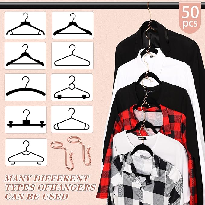 Sratte 50 Pieces Clothes Hanger Connector Hooks, Metal Clips Extender Hooks for Velvet Hangers Closet Space Saving(Rose Gold,50 Pieces)
