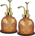 Amolliar 8 Oz Vintage Glass Bathroom Soap Dispensers with Pump, 2 Pack Refillable Kitchen Dish Soap Dispenser with Stripe, Antique Rustic Hand Soap Liquid Bottle (Brown-Golden Pump)