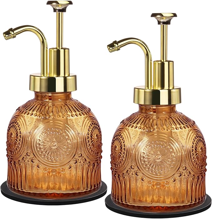Amolliar 8 Oz Vintage Glass Bathroom Soap Dispensers with Pump, 2 Pack Refillable Kitchen Dish Soap Dispenser with Stripe, Antique Rustic Hand Soap Liquid Bottle (Brown-Golden Pump)