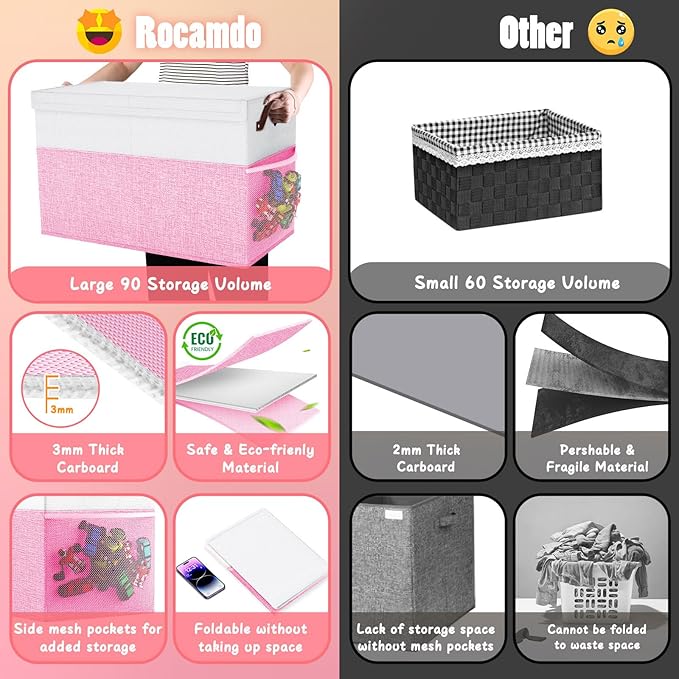 Large Toy Storage Box with Lid Divider, Sturdy Collapsible Toys Organizer Chest Kids Storage Bins Boxes Baskets for Boys, Girls, Nursery, Bedroom, Living Room, Playroom, 25"x13"x16", Pink and White