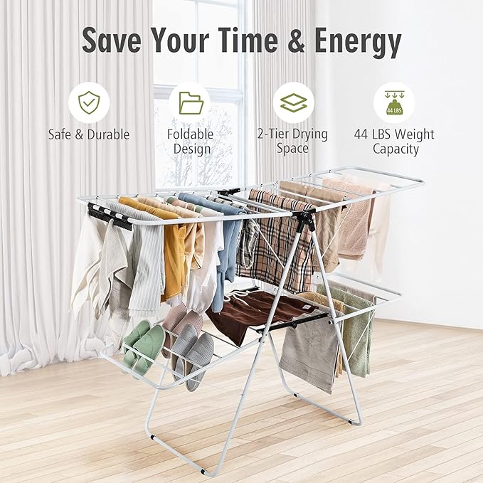 Tangkula Foldable Clothes Drying Rack, 2-Level Folding Drying Rack for Indoor Outdoor Use, Drying Rack Clothing w/Height-Adjustable Gullwing, 33 Drying Rails, Sock Clips