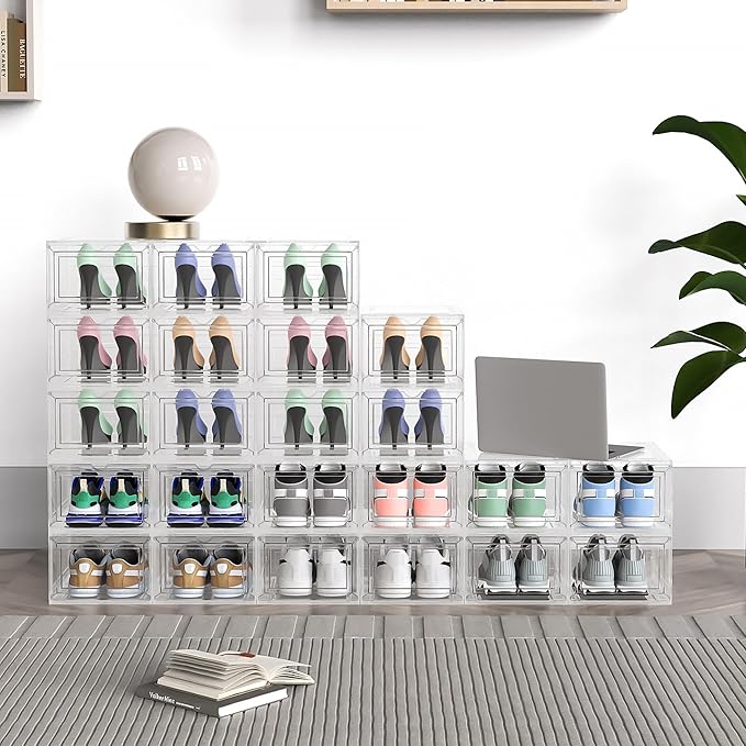 JWQ 10 Pack XX Large Thicken Sturdy Hard Plastic Clear Stackable Shoe Storage Boxes for Size 12, Sneaker Shoe Rack Containers Holders Bins Display Case Organizer for Closet, White