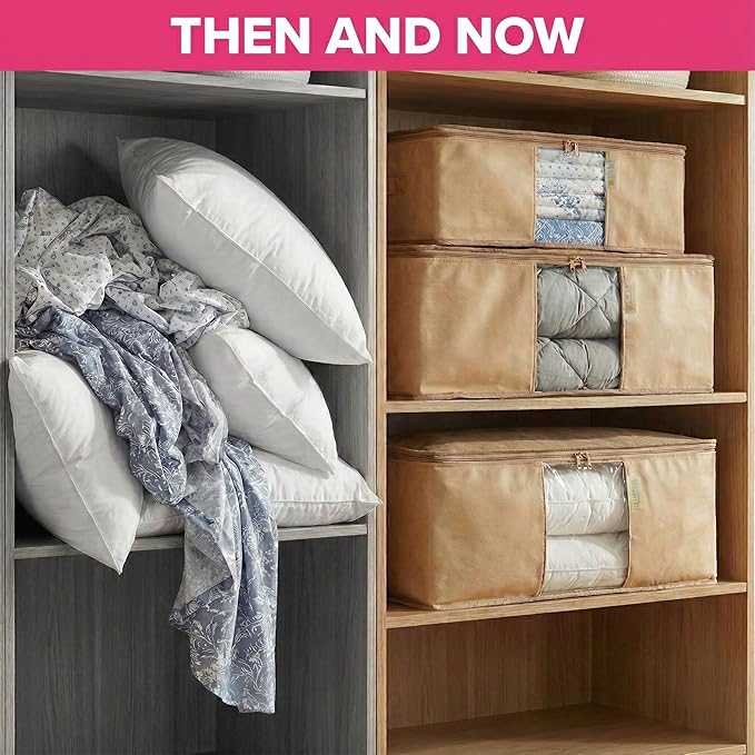 Cedar Storage Bag Organizer for Bedding Set - Protects from Moths, Moisture, Dirt & Dust - Set of 3 Storage Bags for Bed Sheets, Comforter, Pillows & More - Space-Saving Bedding Organizer, Beige