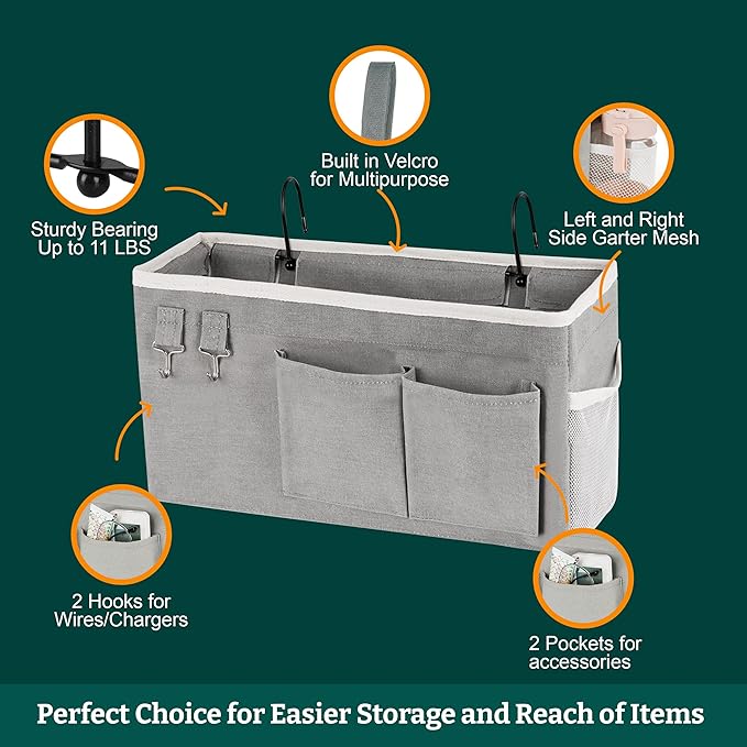 ADVANCELLPRO Bedside Caddy Organizer Hanging Storage Bag with Pockets for Books, Magazines, Phone, Tablet & Water Bottle – Bedside Storage for Dorm, Bunk Beds, Hospital Beds & Cribs,Grey