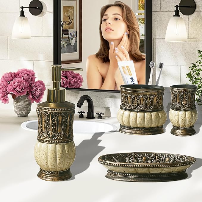 6 Pieces Pumkins Bathroom Accessories Set Including Trash Can, Cup, Toothbrush Holders, Soap Dishes, Soap Dispenser and Toilet Brush, Home Decoration, Retro Style