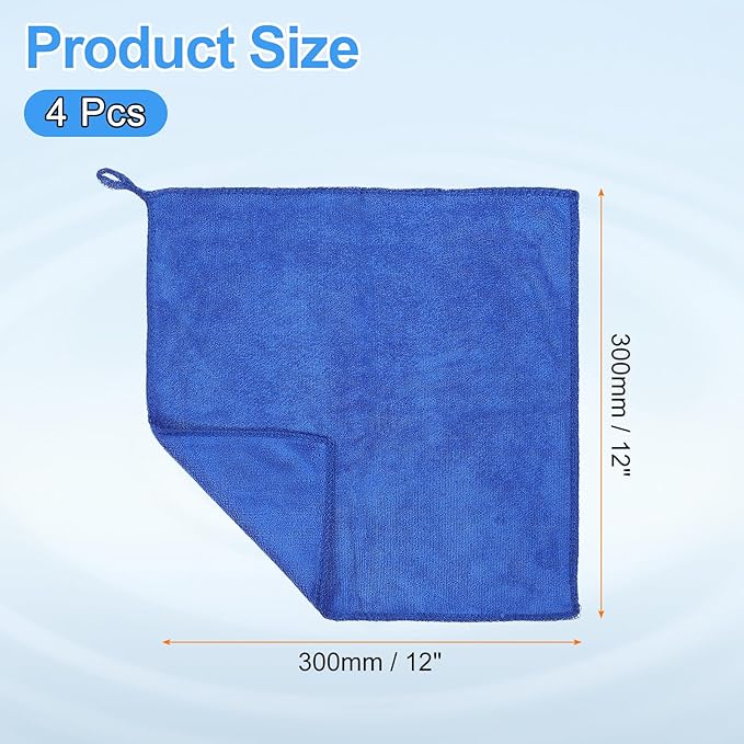 HARFINGTON 4 Pack Microfiber Cleaning Cloth, 12" x 12" Multi-Functional Cleaning Towels Reusable Absorbent Rags with Hook for Car Wash Kitchen Household Window Clean, Sapphire Blue