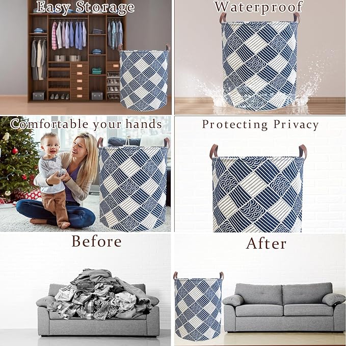 80L Waterproof Laundry Hamper in Family Leather Handle Laundry Basket in Dormitory Collapsible Laundry Bag in Nursery (91-Satisfied laundry hampers)