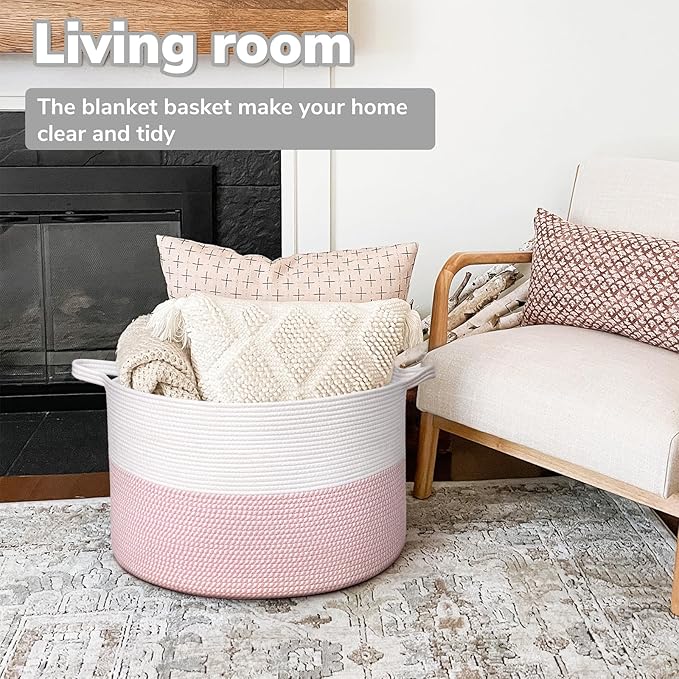 Goodpick Large Storage Basket 22'' x 14'', Baby Basket for Blankets Living Room, Toy Storage Organizer for Clothes, Toys, Pink