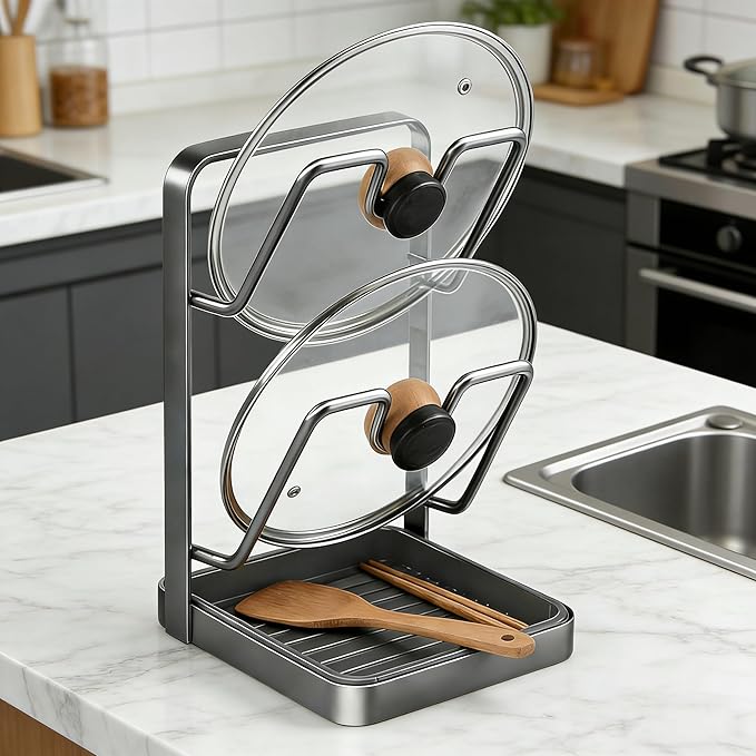 2026 Kitchen Pot Lid Storage Rack,Double-Layer Pot Lid Holder With Tray,Multifunctional Kitchen Pot Lid Organizer for Countertop