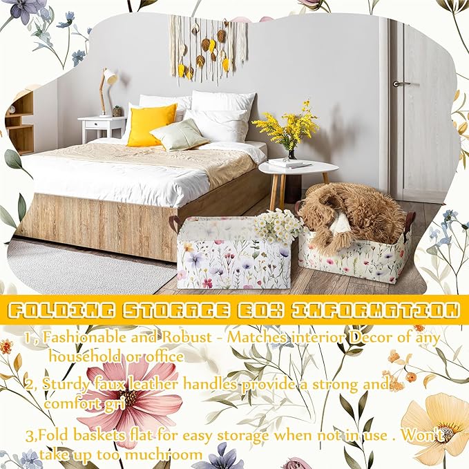Boao 3 Pcs Wildflowers Storage Bin Wildflowers Collapsible Large Storage Baskets for Gifts Canvas Laundry Basket Foldable Box with Handle for Office Home Bedroom Clothes