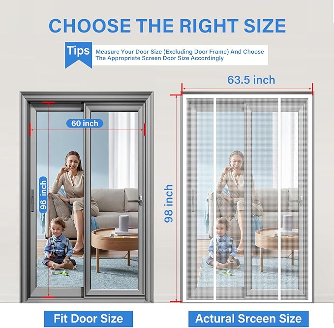 Magnetic Screen Door Upgraded PET Mesh Stronger Than Fiberglass and Polyester,Hands Free,Keeps Bugs Out,Pet & Kid Friendly,Suitable for Sliding Door,Large Patio Door and French Door-60''x96''
