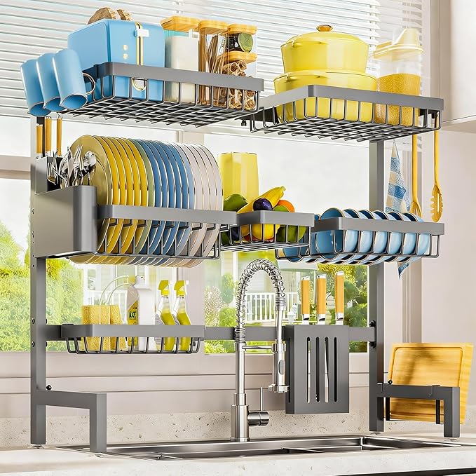 Dish Drying Rack - Over The Sink Dish Drainer Drying Rack with Utensil & Knife Holder, Hooks, Stainless Steel Kitchen Organizers and Storage Solution, 11.8" D x 31.5"~39.0''W x 30" H, Gray