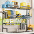 Dish Drying Rack - Over The Sink Dish Drainer Drying Rack with Utensil & Knife Holder, Hooks, Stainless Steel Kitchen Organizers and Storage Solution, 11.8" D x 31.5"~39.0''W x 30" H, Gray