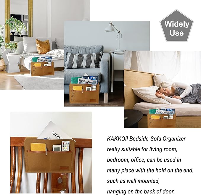 KAKKOII Bedside Caddy, Sofa Caddy, Storage Organizer Pocket for Dorm, Bedroom, 5 Pockets Felt Organizer for Magazine, Remote, Phone, Tablet, Pad, Glasses, Pen, Remote Control (Brown-Short)