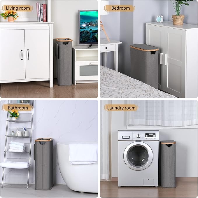 65L Slim Laundry Hamper, Narrow Laundry Basket with Lid,Foldable Clothes Hamper with Bamboo Handles,Hamper Basket with Removable Inner Bag for Laundry Room Bedroom College Dorm,17.17 Gals Grey