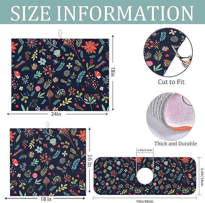 Set of 3 Colorful Flowers and Leaves Dish Drying Mat & Kitchen Sink Splash Guard Faucet Mat For Kitchen Counter Absorbent Microfiber Dishes Pad Dish Drainer Rack Mats Fast Dry Kitchen Accessories