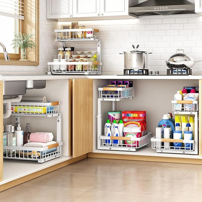 PXRACK 1 Pack Under Sink Organizer,Adjustable Height,2 Tier Pull Out Under Cabinet Organizer,Slide Out Thickened Metal Under Sink Storage for Kitchen Bathroom Laundry Cabinet Pantry,White
