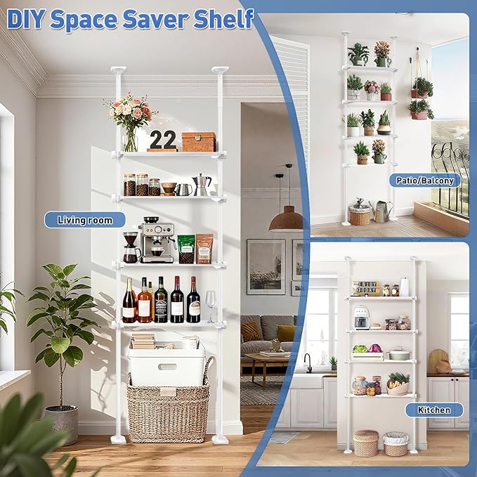 Over The Toilet Storage Shelf, 4-Tier Adjustable Over Toilet Bathroom Organizer,Tension-Mounted Bathroom Storage Rack for Ceilings, No Drill Space-Saving Shelving for Small Rooms,White