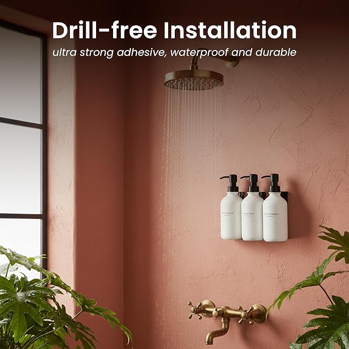 MaisoNovo Shampoo and Conditioner Dispenser - Shower Soap Dispenser Wall Mounted - 16.9 fl oz Set of 3 White Plastic Bottles Black Plastic Pump - 3 Chamber No Drill