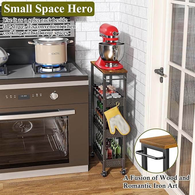 Utility Slim Storage Cart, 4 Tier Small Rolling Kitchen Laundry Room Cart with Wood Top, Metal Narrow Bathroom Storage Cabinet Mobile Shelf Unit Organizer Trolley with Handle for Narrow Space