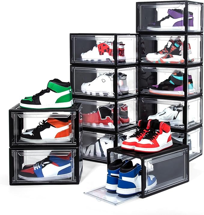 12 Pack Shoe Boxes, Clear Acrylic Plastic Shoe Boxes Stackable, Space-Saving Foldable Drop Front Shoe Storage Boxes Container for With Lids Fits Up to Size 15 (Dark Black)