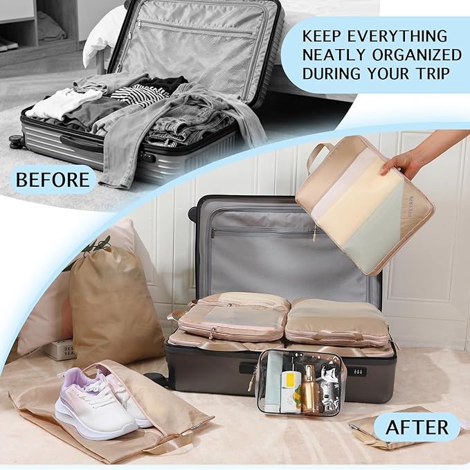 Lightweight Compression Packing Cubes for Suitcases, Compressible Expandable Travel Packing Organizer with Clear Toiletries and Backpack Bag, Travel Essentials for Carry on Luggage 7 Set