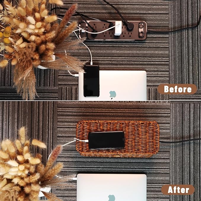 BROWNLILY Cable Management Box, Rattan Style Cord Organizer for Desk Cord Hider Outlet Covers Baby Proofing for Power Strip TV PC Router Charger Under Desk Storage with Lockable Lid and Cable Ties