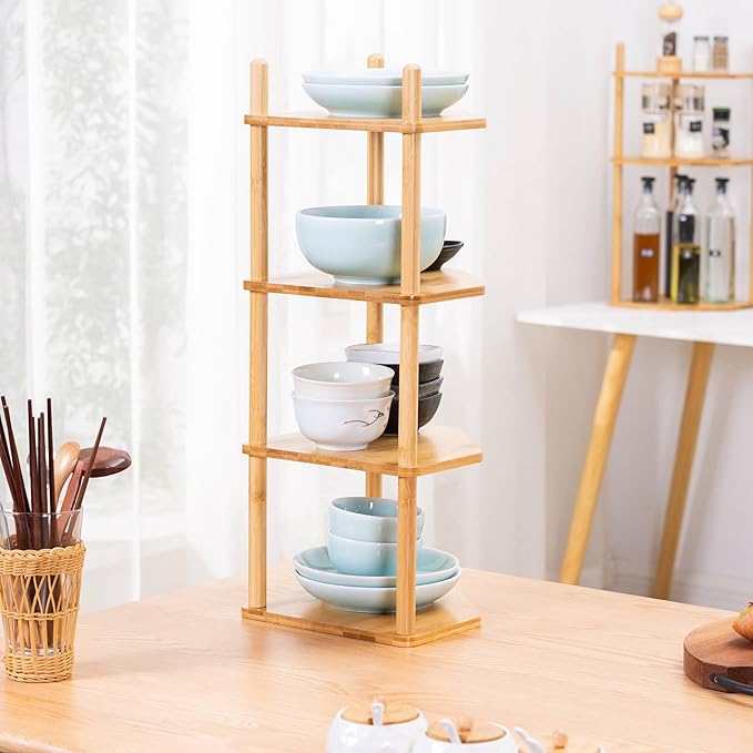 2-Packs 3-Tier Expandable Bamboo Corner Shelf - Dish/Plate Organizer for Cabinet, Kitchen Counter Shelf & Small Kitchen Shelf, Adjustable (2, 3Tier-6.7" H)