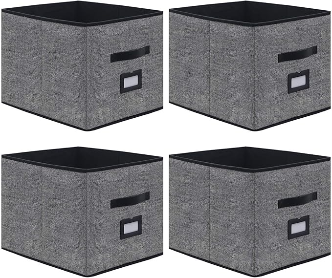 Onlyeasy Extra Large Foldable Cloth Storage Cubes 4 Pack with Label Holders - Fabric Storage Bins Baskets Organizers for Home Office Nursery with Handles, 13 L x 15 W x 13 H Inch, Black, MXABXL04PLP