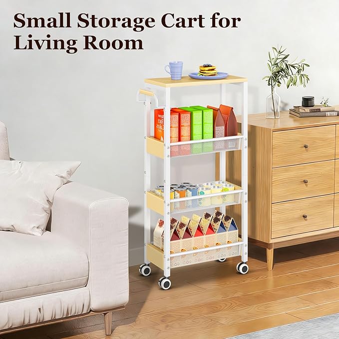 Utility 4 Tier Rolling Cart for Small Spaces, Slim Storage Cart with Wheels, Metal Narrow Kitchen Rolling Storage Cart with Wood Top& Handle for Laundry Room, White Thin Rolling Cart 7.9"(W)