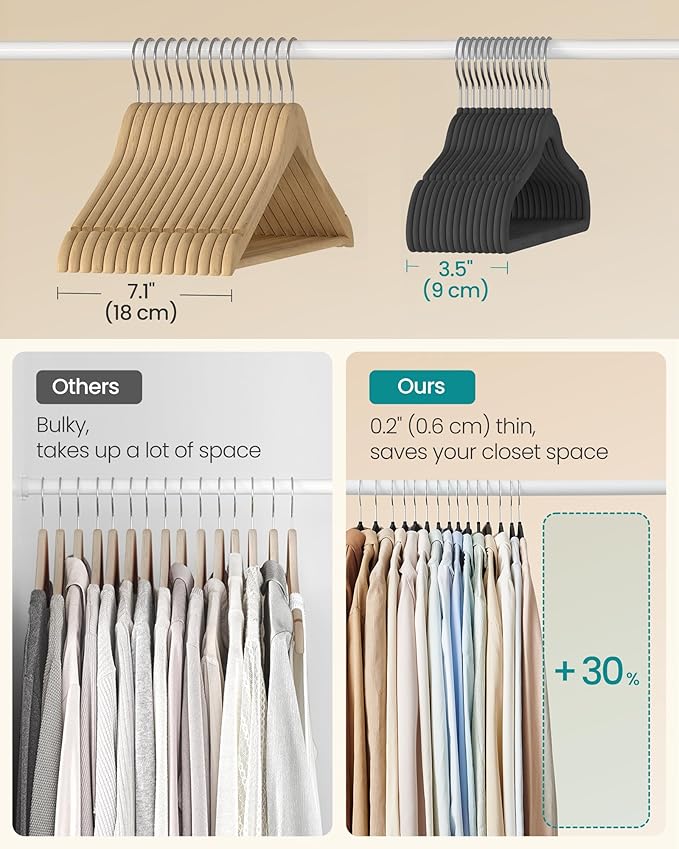 SONGMICS Velvet Hangers 60 Pack, Non-Slip Clothes Hangers with Silver-Colored Swivel Hooks, Slim Space-Saving for Closet, Heavy-Duty, Black UCRF036BZ02S