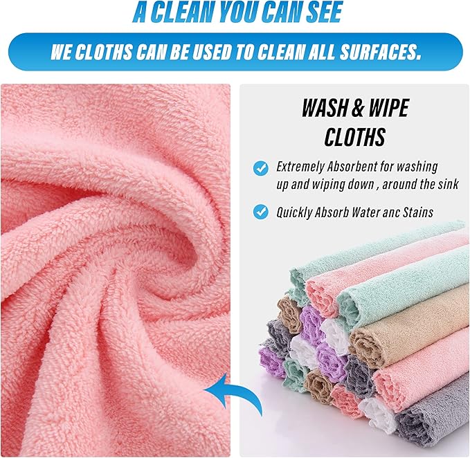 Sunny zzzZZ 18 Pack Microfiber Cleaning Cloth - Super Absorbent 10 × 10 Inch Reusable Cleaning Rags, Premium Dish Cloths, Coral Fleece Cleaning Towels, Nonstick Oil Washable Fast Drying (Multicolor)