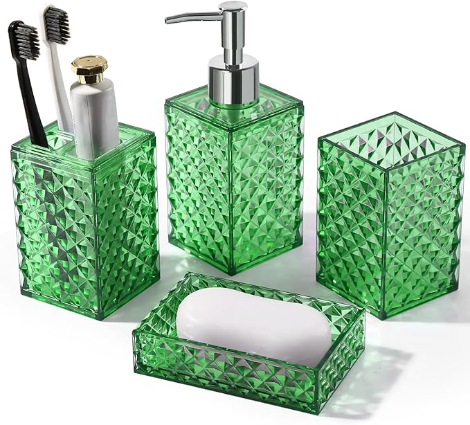 Green Bathroom Accessories Set, 4 Pack Green Bath Accessory Sets Complete, Acrylic Soap Dispenser and Toothbrush Holder Set for Bathroom Counter Sink, Modern Bathroom Decor