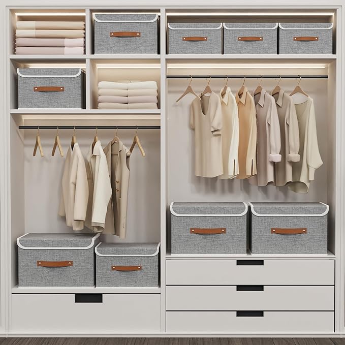 Yawinhe Collapsible Storage Bin, Cube Organizer Basket, Fabric Box with Lids, Washable and Leather Handle, for Home, Closet, Grey, 15.0''Lx9.8''Wx9.8''H, 3-Pack, USNK024GL-3