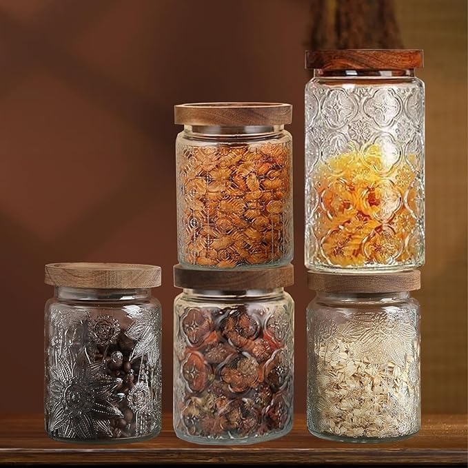 4-Pack 24 OZ Vintage Glass Jar with Lid, Airtight Food Storage Canisters with Bamboo for Kitchen Counter Pantry, Ideal for Coffee, Candy, Tea, Oats, Sugar, Cookies Decorative Jars