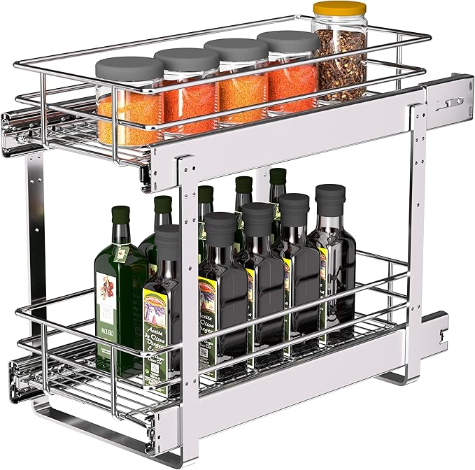 JOWBOOW (8" W x 22" D 2-Tier Narrow Cabinet Pull Out Shelves | Heavy Duty Slide Out Shelves for Kitchen Cabinets, 22 Inch Deep Under Cabinet Organizer, Chrome