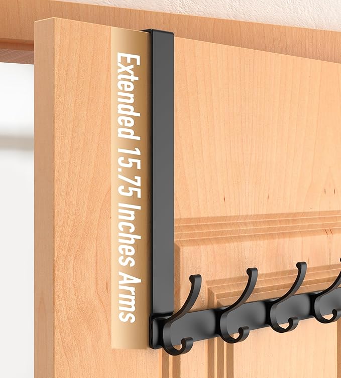 CHAUNCEY HOME Long Over The Door Hooks Hanger with 15.75" Arms for Easier Access by Shorter, Heavy Duty Door Hanger for Coat, F16U, Fits Standard 1 3/8'' Doors, Towel Racks for Bathroom, Black