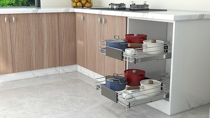 STORKING Expandable Pull Out Cabinet Organizer, Slide Out Drawers for Kitchen Cabinets, Heavy Duty Storage Drawers, Chrome Plated Cabinet Wire Shelf, Adjustable Width 12.5~20.2" W x 17.3" D
