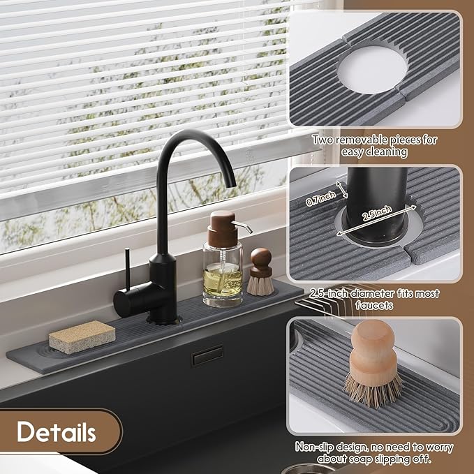 Faucet Mat for Kitchen Sink, Diatomite Quick Drying Tray , 15.8 Inch Kitchen Sink Splash Guard and Bathroom Stone Tray for Counter. Super Absorben.Deep Grey.