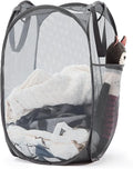 TECHMILLY Collapsible Mesh Pop Up Laundry Hamper with Sturdy Handles and Side Pocket - Portable Foldable Clothes Baskets for Dorm, Bathroom & Travel Storage (Grey)