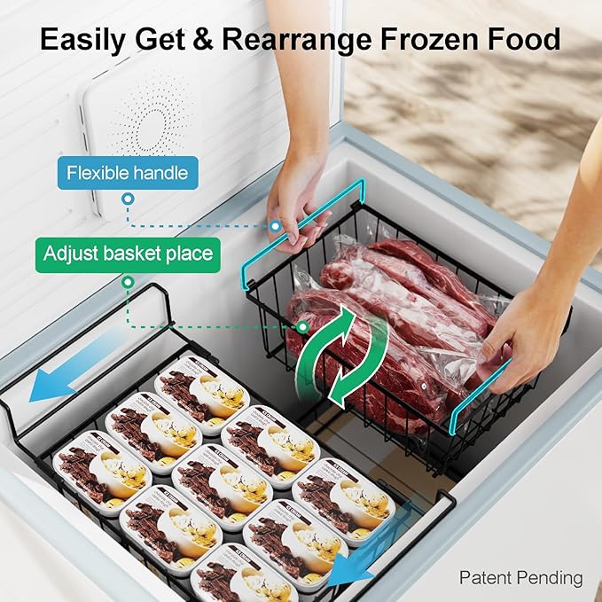iSPECLE Freezer Organizer Bins - 17.5" Length Fit 5 Cu.FT Chest Freezer, 1 Expandable Hanging Bin & 3 Pack Stackable Deep Freezer Organizer, Sort and Get Frozen Food Easily with Handle, 4 Pack Black