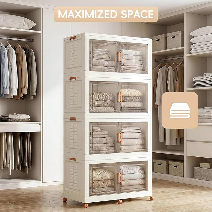 JEKO&JEKO 608Qt Large Foldable Storage Bins with Lids, Stackable Plastic Containers with Dividers & Wheels for Home, Garage & Office, 3-Pack, Cream