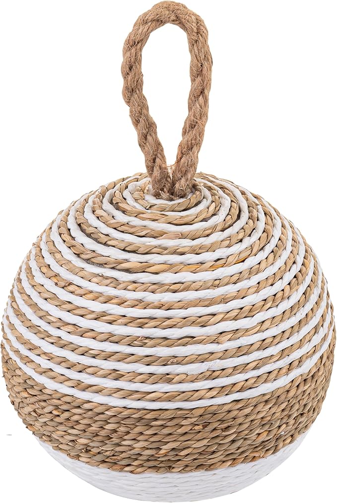 PEMAR Natural Wicker Door Stopper with Handle, Rustic Farmhouse Decorative Door Stop, Heavy Indoor Doorstop, Nautical Blocker Jammer 6.3''D Sphere Ball Shape (Seagrass)