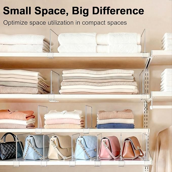 Shelf Dividers Purse Organizer for Closet: 6-inch Tall(Shorter Version) Acrylic Handbag Organizer - Small Space Separator for Clutches Evening Bags Pouches Mini-Bags on Wood Shelves 6-Pack