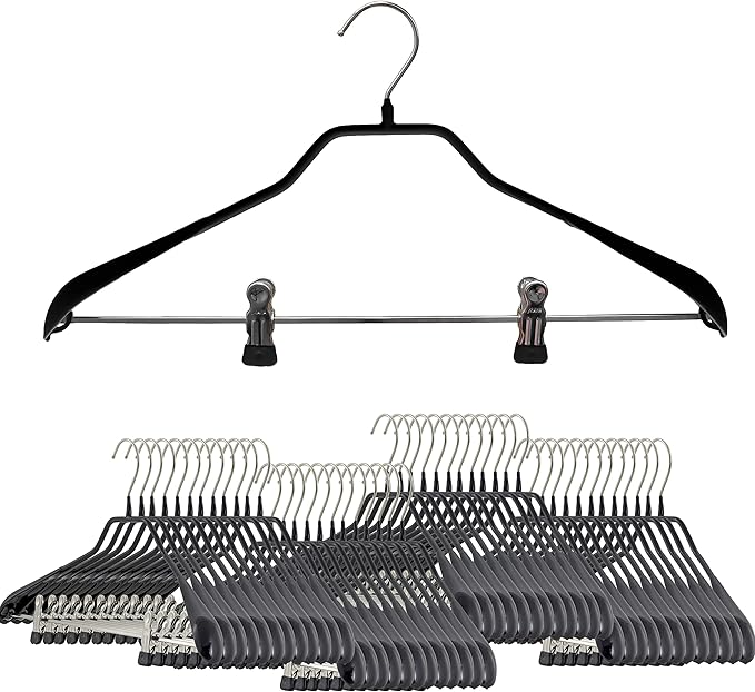 Mawa by Reston Lloyd BodyForm Series Non-Slip Steel Clothes Hanger with Shoulder Support & 2 Strong Clips for Pants or Skirts, Style 42/LK, Black, Set of 50