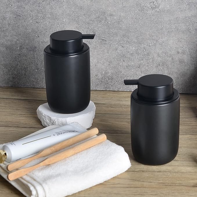 BosilunLife Foaming Soap Dispenser Set - Black Ceramic Foam Hand Dispenser 12oz Soap Dispenser Set with Rust Proof Pump, 4Pcs Clear Stickers for Kitchen, Bathroom - 2 Pack