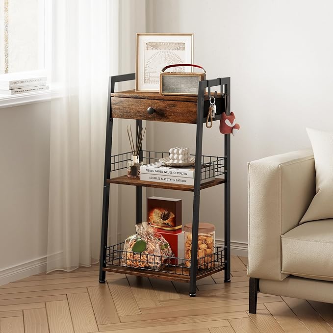 3-Tier Ladder Shelf with Drawer, Bathroom Table Stand for Small Space, Bathroom Standing Shelves with Storage for Living Room Bedroom Kitchen, Organizer Shelf, Rustic Brown